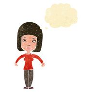 cartoon woman shrugging shoulders with thought bubble N28
