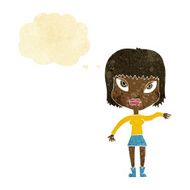 cartoon woman making gesture with thought bubble
