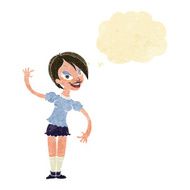 cartoon girl waving with thought bubble N2