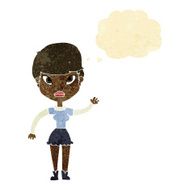 cartoon woman waving with thought bubble N31
