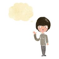 cartoon woman waving with thought bubble N32