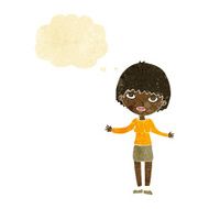 cartoon woman shrugging with thought bubble N5