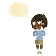 cartoon woman making Who Me? gesture with thought bubble N4