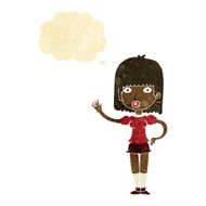 cartoon woman waving with thought bubble N33