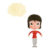 cartoon woman shrugging shoulders with thought bubble N29