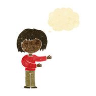 cartoon woman gesturing welcome with thought bubble
