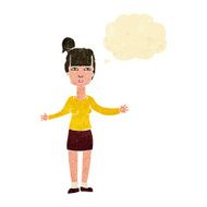 cartoon woman shrugging shoulders with thought bubble N30