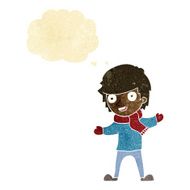 cartoon boy in winter clothes with thought bubble