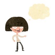 cartoon happy woman pointing with thought bubble N6