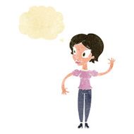 cartoon woman waving with thought bubble N35