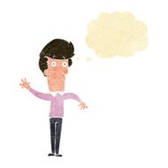 cartoon nervous man waving with thought bubble N3
