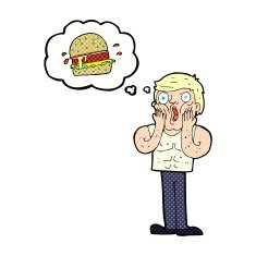 cartoon shocked man thinking about junk food N3