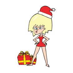 cartoon woman angry at christmas present N4