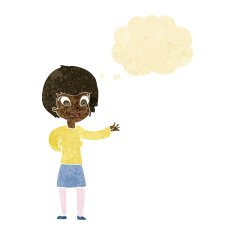 cartoon welcoming woman with thought bubble