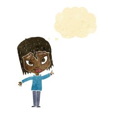 cartoon woman with idea thought bubble