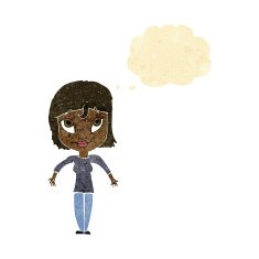 cartoon girl shrugging shoulders with thought bubble N2