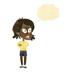 cartoon surprised woman with thought bubble