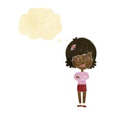 cartoon happy woman with folded arms thought bubble