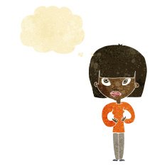 cartoon woman gesturing at herself with thought bubble