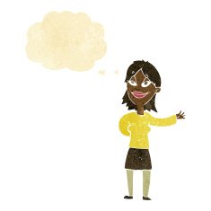 cartoon woman gesturing to show something with thought bubble
