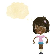cartoon happy pretty woman with thought bubble