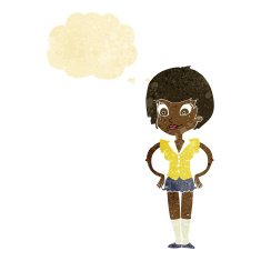 cartoon pretty woman with hands on hips thought bubble