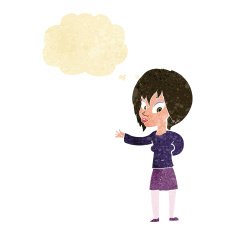 cartoon woman making welcome gesture with thought bubble N2
