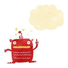 cartoon weird little alien with thought bubble