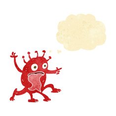 cartoon weird little alien with thought bubble N2