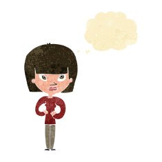 cartoon woman gesturing at herself with thought bubble N2