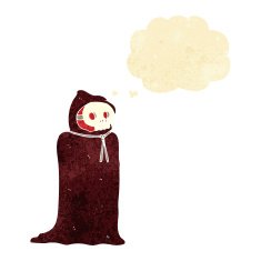 cartoon spooky halloween costume with thought bubble N2