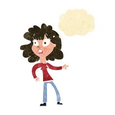 cartoon worried woman pointing with thought bubble N2