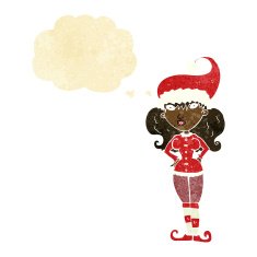 cartoon santa's helper woman with thought bubble