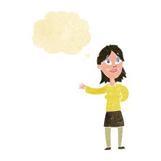 cartoon woman gesturing to show something with thought bubble N2