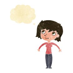 cartoon woman shrugging with thought bubble N3