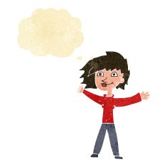 cartoon excited woman waving with thought bubble N2