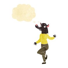 cartoon dancing werewolf woman with thought bubble