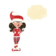 cartoon santa's helper woman with thought bubble N2