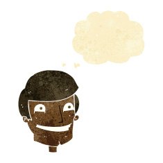 cartoon grinning man with thought bubble