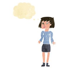 cartoon woman shrugging shoulders with thought bubble N6