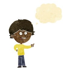 cartoon boy laughing and pointing with thought bubble