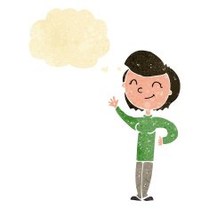 cartoon friendly waving woman with thought bubble N2