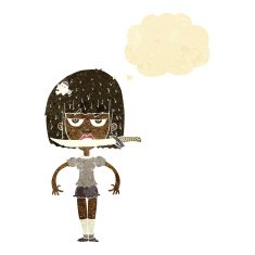 cartoon woman with knife between teeth thought bubble