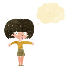 cartoon woman giving thumbs up symbol with thought bubble