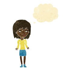 cartoon woman shrugging shoulders with thought bubble N9