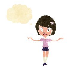 cartoon woman making balancing gesture with thought bubble N2