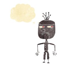 cartoon robot with thought bubble