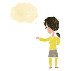 cartoon woman gesturing with thought bubble N2