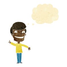 cartoon grinning man with idea thought bubble
