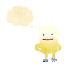 cartoon happy tooth with thought bubble